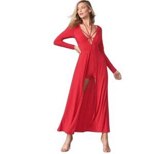 Red Venus Long Sleeve Jumpsuit With Open Front Skirt Overlay Strappy Neckline &